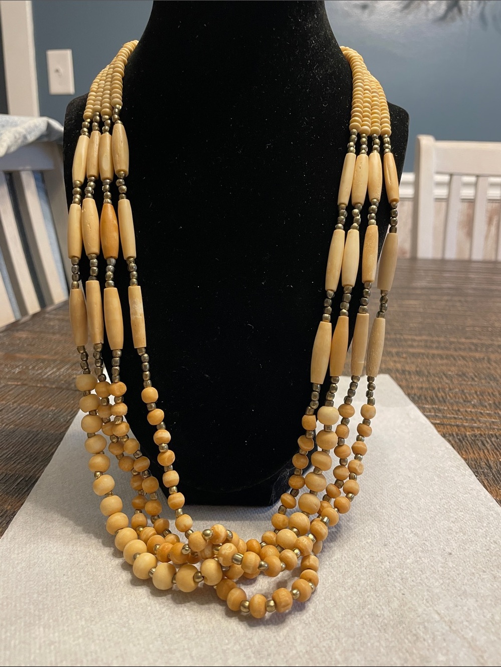 Multi-Strand Cream Carved Bone Beaded Necklace
